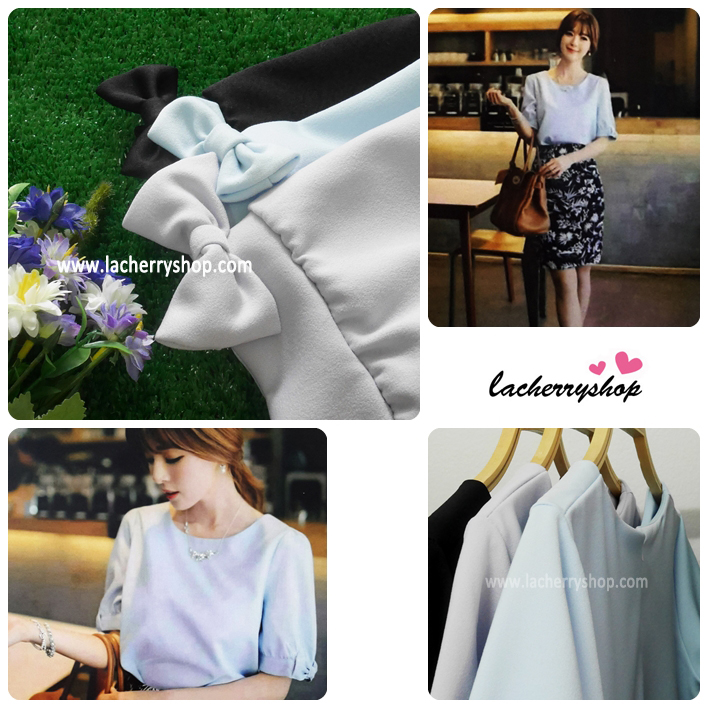 เสื้อแฟชั่น เสื้อทำงาน ผ้าฮานาโกะ สีฟ้า แต่งโบว์ที่แขน แบบสวยน่ารัก สไตล์เกาหลี สินค้าคุณภาพดี ราคาเบาๆ