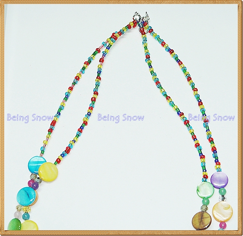 สร้อยคอหินสีผสม - เปลือกหอยกลม + ลูกปัดแก้ว + คริสตัล