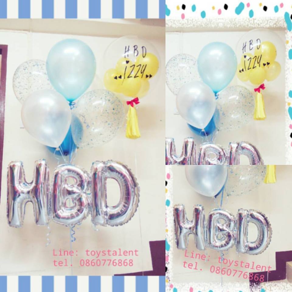 Set#53 ช่อลูกโป่งไซส์ 12 นิ้ว (7ใบ) + ฟลอย์ตัวอักษร HBD ใต้ช่อ และ ช่อลูกโป่งบับเบิ้ลใส สุดฮิต รวม 2 ช่อ