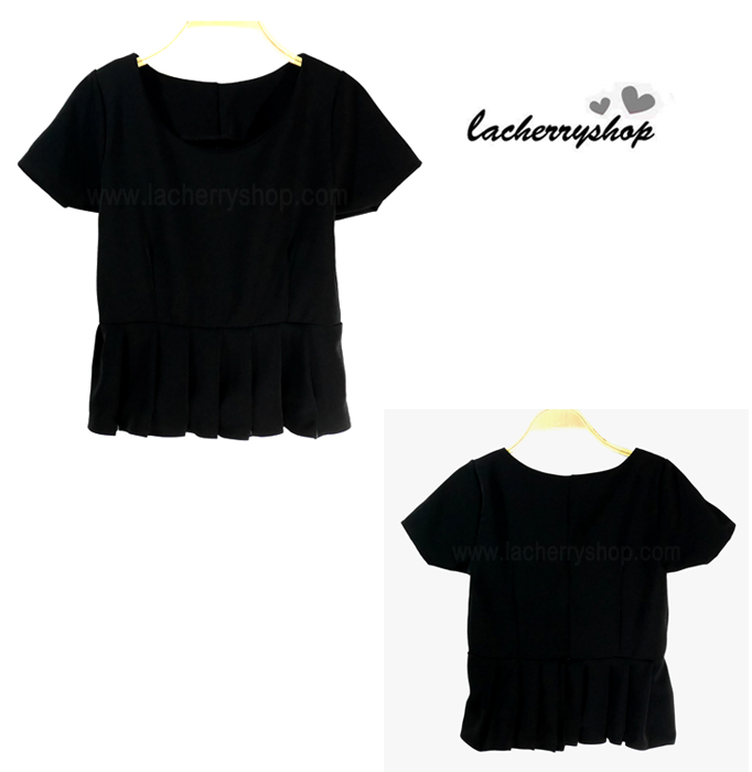 เสื้อแฟชั่น เสื้อทำงาน ผ้าฮานาโกะ สีดำ แต่งระบายเอว แบบสวยเรียบร้อย สินค้าคุณภาพ ราคาไม่แพง