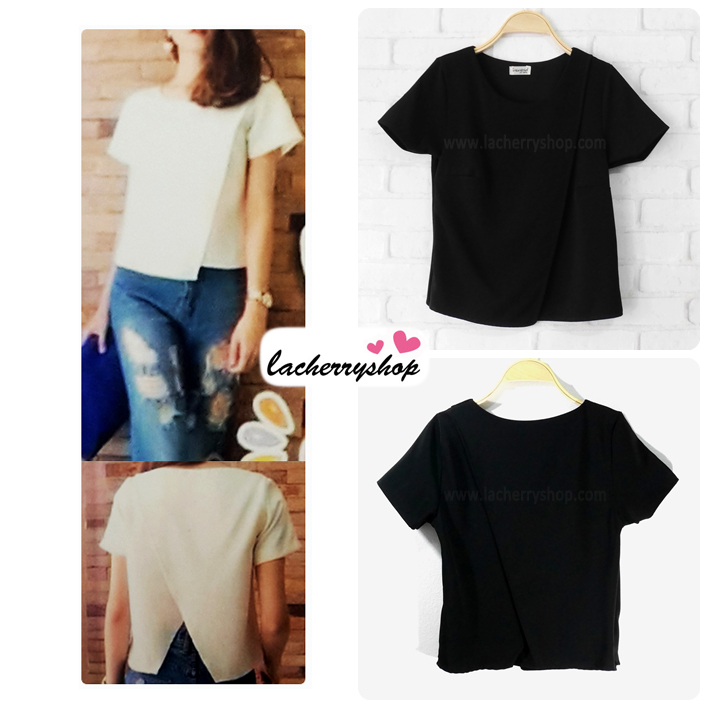 เสื้อแฟชั่นสวยๆ ผ้าฮานาโกะ สีดำ ดีไซน์ผ้าป้ายหน้า-หลังเก๋ๆ แบบยอดนิยม สวยเรียบหรู