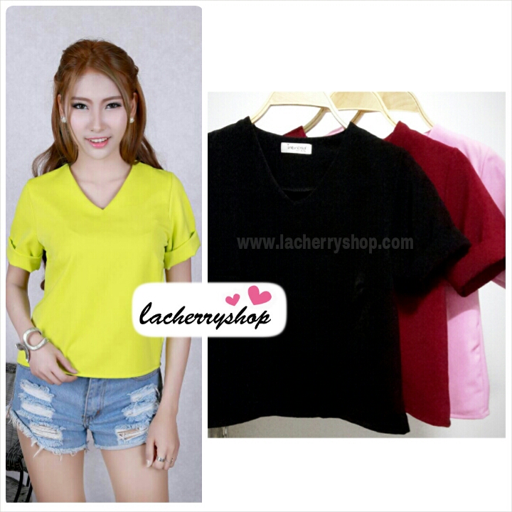 เสื้อแฟชั่น ผ้าฮานาโกะ สีดำ คอวีพับแขนเก๋ๆ สินค้าคุณภาพ ราคาไม่แพง