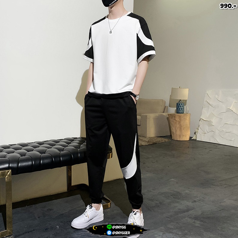 ชุดวอร์มทูโทน เสื้อแขนสั้น+กางเกง สีขาว