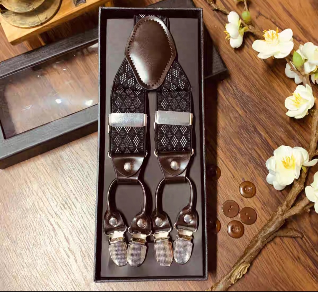 สายรัดกางเกงเอี๊ยม มาตรฐาน 6จุด หูคู่ หนังแท้ คลิบสเตนเลส กว้าง 3.5cm แบบ Y หลากสี ลายดำ พื้นดำ พื้นเทา