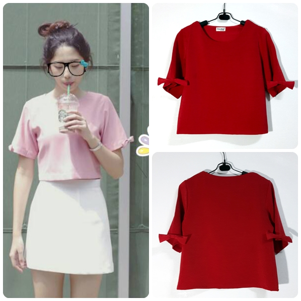 เสื้อแฟชั่นผ้าฮานาโกะ เสื้อทำงาน สีแดง แขนสามส่วนแต่งโบว์ น่ารักมากๆ สินค้าคุณภาพดี ราคาไม่แพง