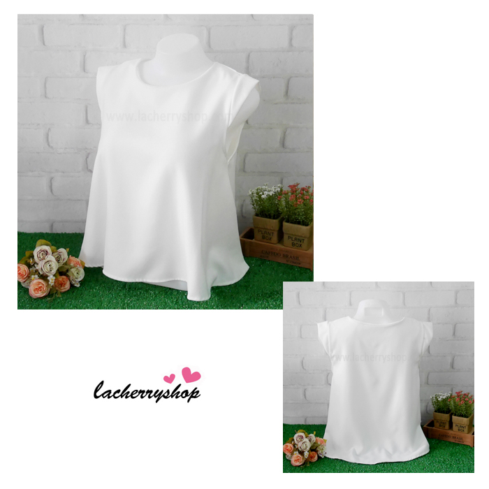 เสื้อผ้าแฟชั่นสวยๆ เสื้อทำงานสีขาว ผ้าฮานาโกะ แต่งดีเทลช่วงไหล่ ปล่อยชายพริ้ว แบบสวยน่ารัก สินค้าคุณภาพดี