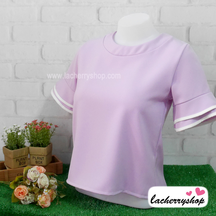 เสื้อแฟชั่น เสื้อทำงาน ผ้าฮานาโกะ สีม่วง พาสเทล สวยหวาน แต่งระบายแขนเสื้อริ้วสีขาว สินค้าคุณภาพ ราคาไม่แพง