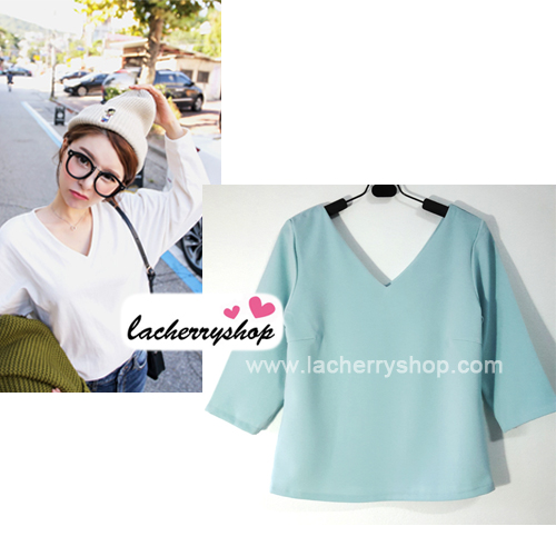 เสื้อแฟชั่นผ้าฮานาโกะ เสื้อทำงาน สีเขียวฟ้า คอวี แขนสามส่วน แบบสวย สินค้าคุณภาพดี ราคาไม่แพง