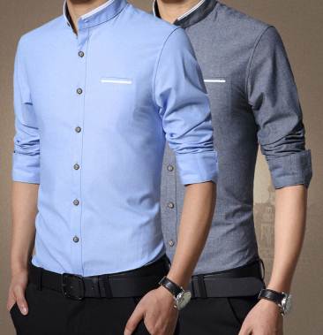 เสื้อคอจีนผู้ชาย เชิ้ตแขนยาว แฟชั่น แต่งขอบปก แขนคลิบขาว Size No.36 38 40 42 44 46 เทา ชมพู ฟ้า เบจ เทาเข้ม