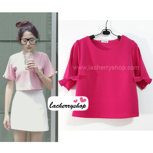 เสื้อแฟชั่นผ้าฮานาโกะ เสื้อทำงาน สีชมพู แขนสามส่วนแต่งโบว์ น่ารักมากๆ สินค้าคุณภาพดี ราคาไม่แพง