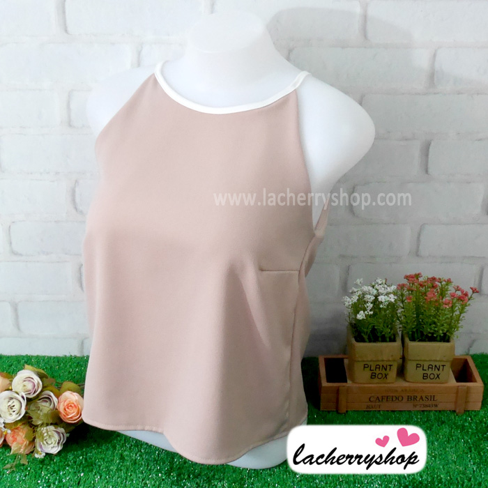 เสื้อผ้าแฟชั่นสวยๆ เสื้อสายเดี่ยว สีนู้ด ผ้าฮานาโกะ แบบสวยน่ารักๆค่ะ มีซิปหลัง