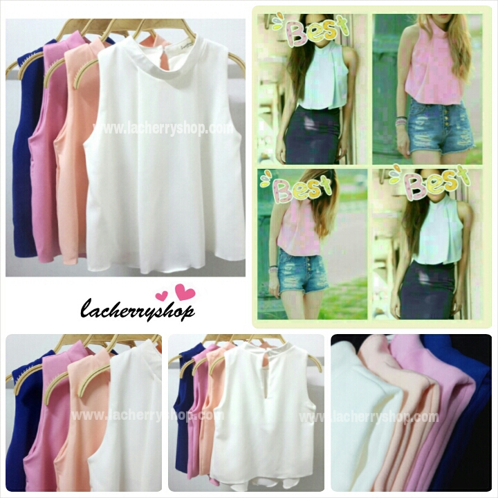 เสื้อแฟชั่น เสื้อทำงาน ผ้าฮานาโกะ แบบสวย สีน้ำเงิน คอจีน แขนกุด ใส่ได้หลายโอกาส เนื้อผ้า อยู่ทรง ไม่ยับง่าย ใส่สบาย สินค้าคุณภาพ ราคาไม่แพง