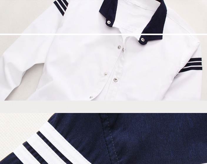 ดีไซน์พิเศษ!!เสื้อเชิ้ตแขนยาว ปกเล็ก แฟชั่นแต่งเทปบ่าแขน สีขาว น้ำเงิน No.34