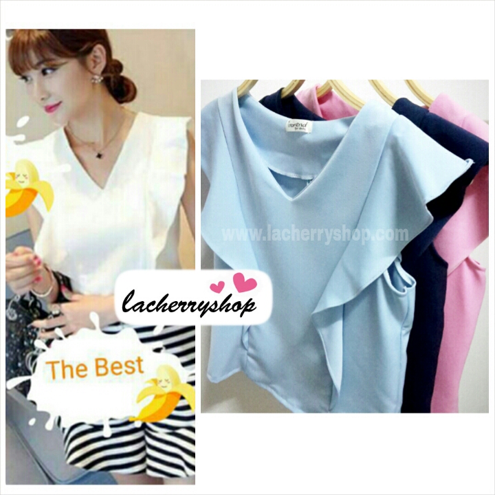 เสื้อแฟชั่น ผ้าฮานาโกะ สีฟ้า แต่งระบายอกสวยหวาน สินค้าคุณภาพ ราคาไม่แพง