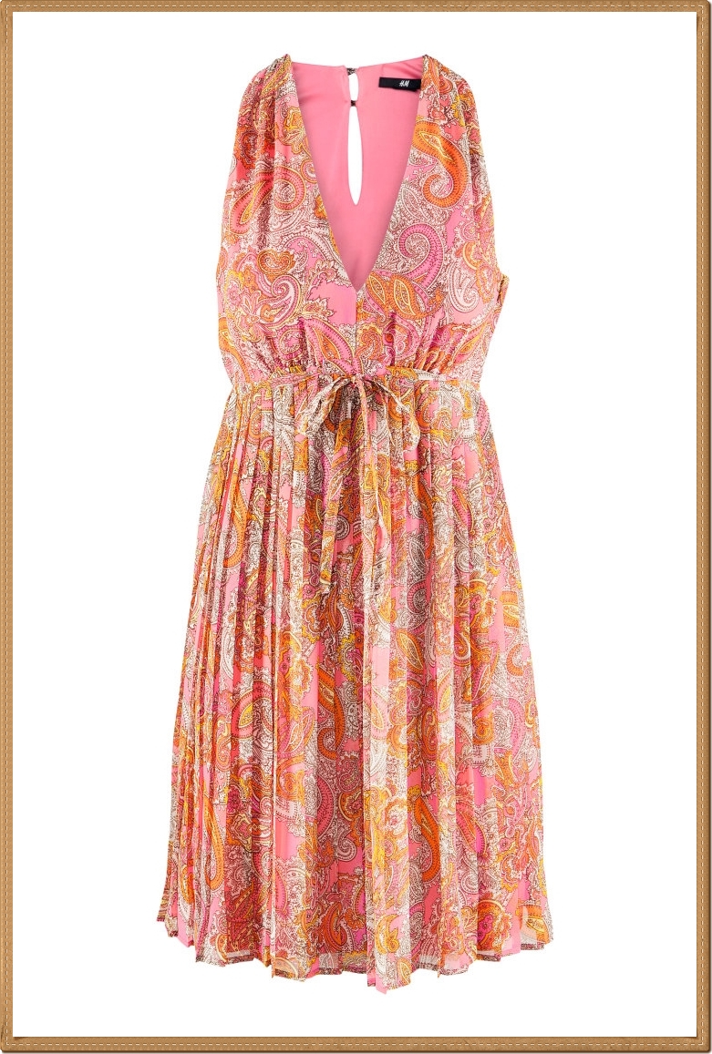 H&M - เดรสคอวี แขนกุด ผ้าชีฟองลายดอกสีชมพู-ส้ม