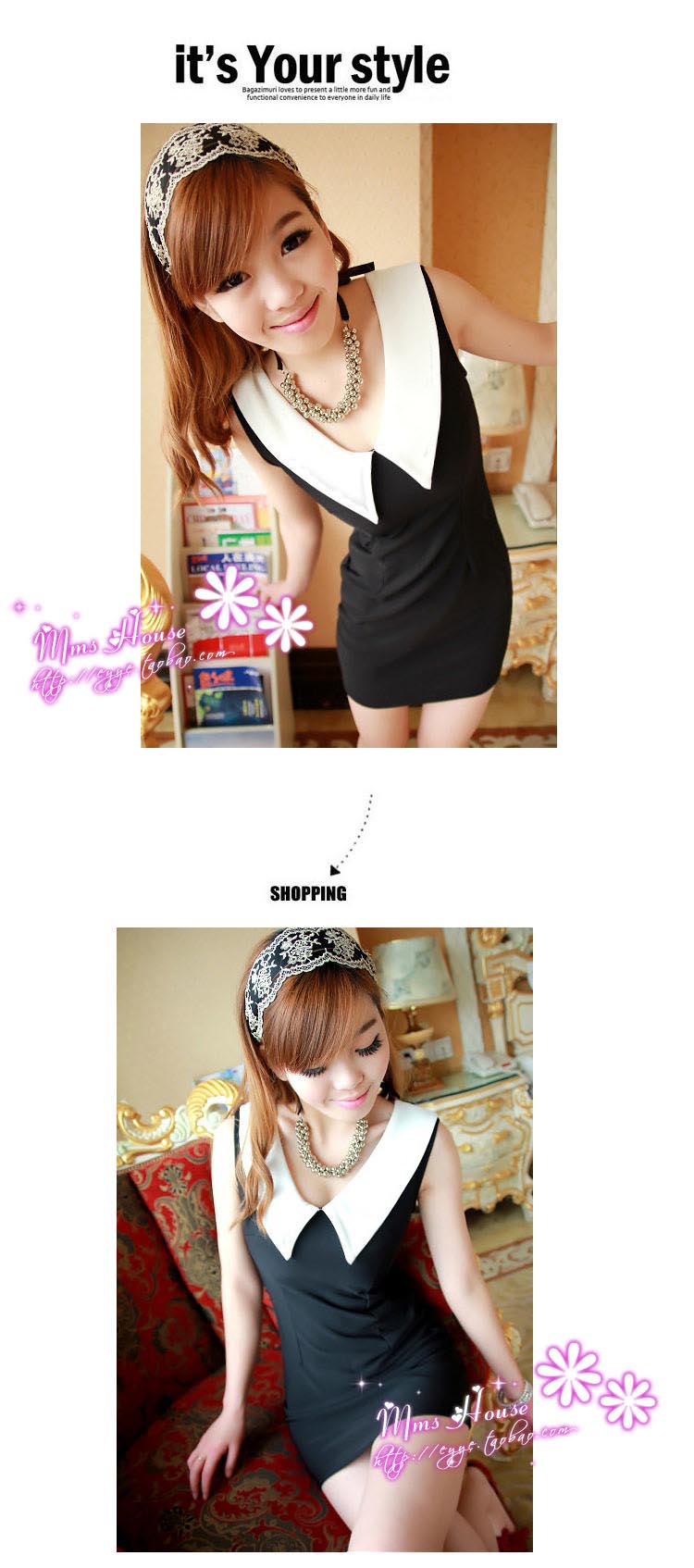 SALE//SALE (ส่งฟรี) ชุดเดรส สไตล์เกาหลี สีชมพูโรส คอปกสีขาว มีซิปด้านข้าง เข้ารูปทรงสวยมากค่ะ