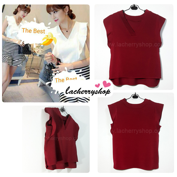 เสื้อแฟชั่นผ้าฮานาโกะ เสื้อทำงาน สีแดง คอวี แต่งระบายแขน สวยหวาน เรียบร้อย สินค้าคุณภาพ ราคาไม่แพง