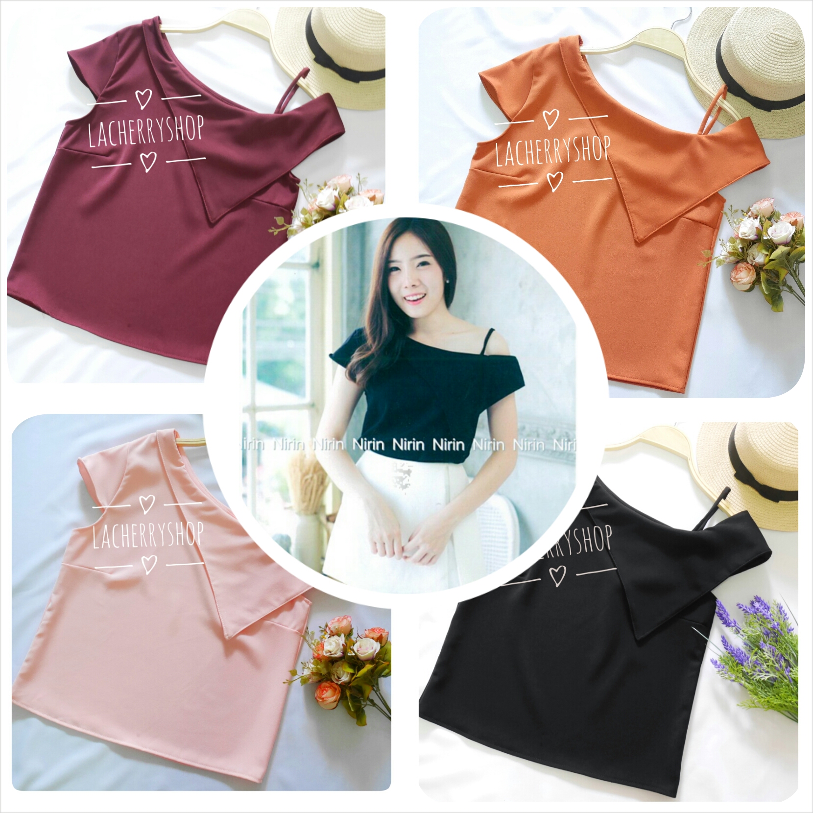 เสื้อแฟชั่นผ้าฮานาโกะ (สีดำ) ปาดไหล่ข้างเดียว ตัดแต่งผ้าช่วงอกเก๋ๆ เพิ่มสายเดี่ยวเพื่อความมั่นใจให้ลุคสวยเปรี้ยว