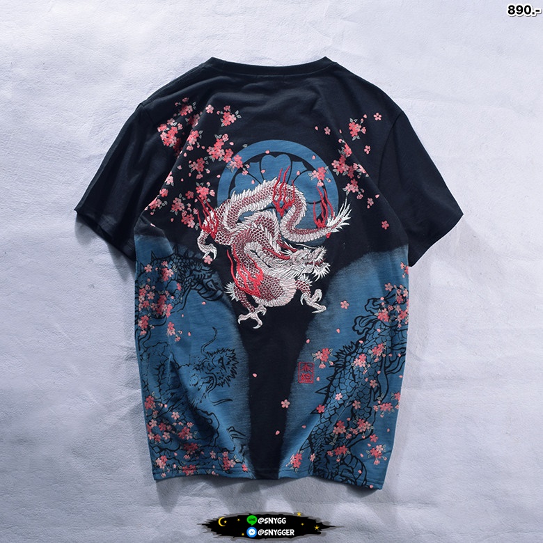 เสื้อยืด สกรีนลาย+ปักลายมังกร ดำ