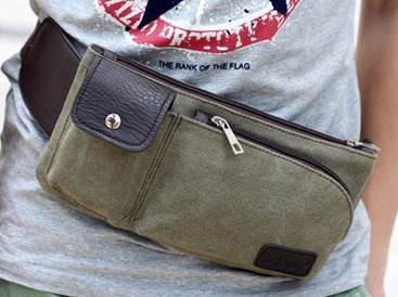 กระเป๋าวินเทจ คาดเอว คาดอก 2 ช่อง แต่งซิบโค้ง ผ้าใบ สีกากี เขียว