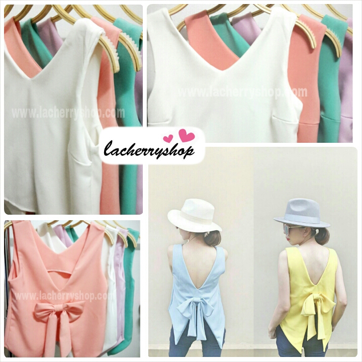 เสื้อแฟชั่น ผ้าฮานาโกะ สีขาว แขนกุด ผูกโบว์ด้านหลัง แบบสวยน่ารัก สินค้าคุณภาพ ราคาไม่แพง