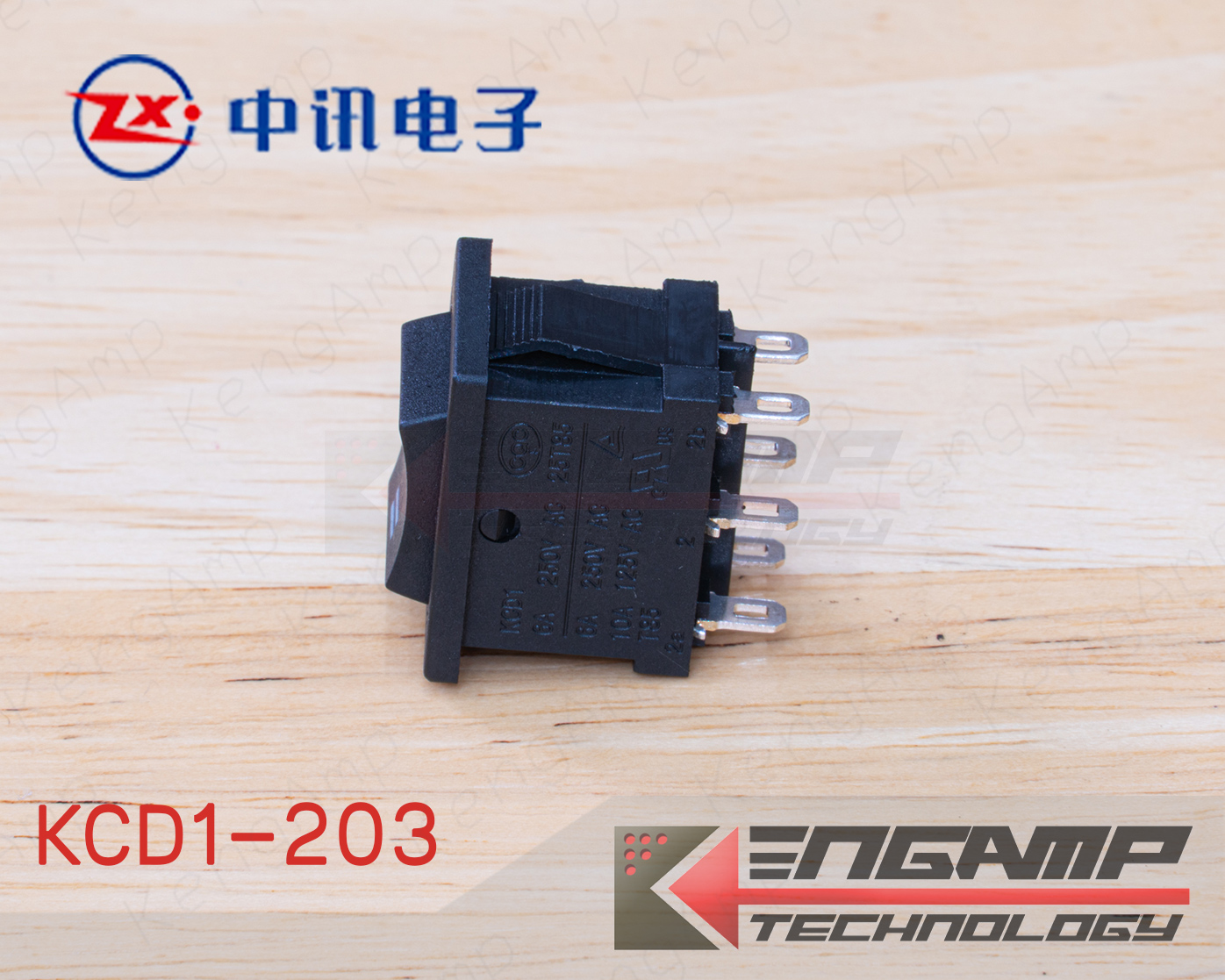 (1ตัว) KCD1-203 ON-OFF-ON 6ขา Zhongxun ขนาด 15x21mm 6A/250Vac