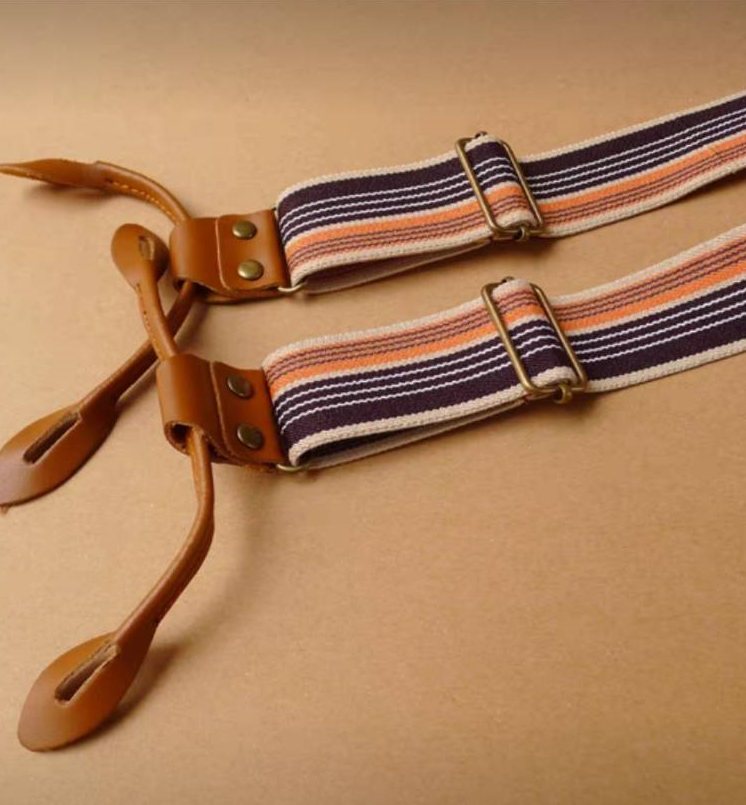 สายรัดกางเกงเอี๊ยม มาตรฐาน 6จุด หูคู่หนังแท้สีน้ำตาล กว้าง 3cm แบบ Y ขาวแดงน้ำเงิน น้ำตาลลาย