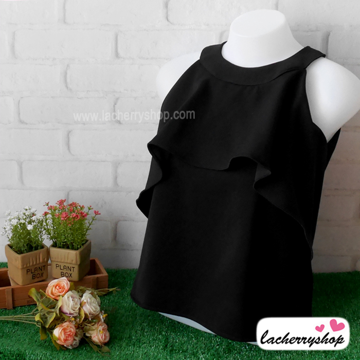 เสื้อผ้าแฟชั่น เสื้อทำงาน ผ้าฮานาโกะ สีขาว แขนกุด แต่งระบายอก สวยเปรี้ยวปนหวาน เว้าไหล่ แบบสวยมากๆค่ะ