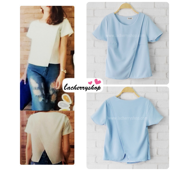 เสื้อแฟชั่นสวยๆ ผ้าฮานาโกะ สีฟ้า ดีไซน์ผ้าป้ายหน้า-หลังเก๋ๆ แบบยอดนิยม สวยเรียบหรู