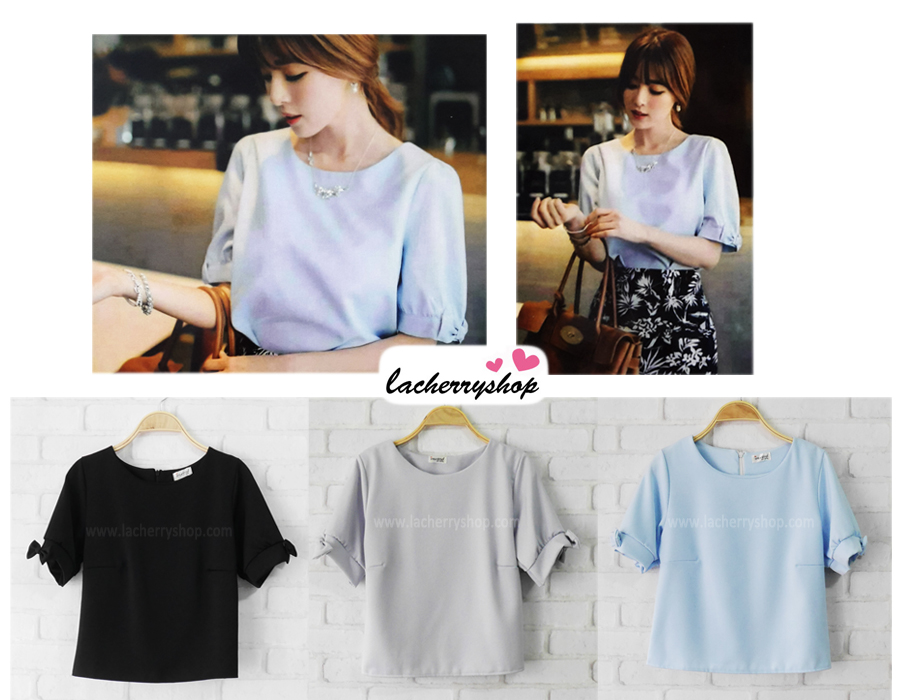 เสื้อแฟชั่น เสื้อทำงาน ผ้าฮานาโกะ สีฟ้า แต่งโบว์ที่แขน แบบสวยน่ารัก สไตล์เกาหลี สินค้าคุณภาพดี ราคาเบาๆ