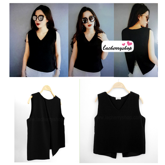 เสื้อผ้าแฟชั่นสวยๆ คอวี แขนกุด สีดำ ดีไซน์แต่งผ้าไขว้เปิดหลังเก๋ๆ ผ้าฮานาโกะ แบบสวยเรียบหรูดูดีมากค่า