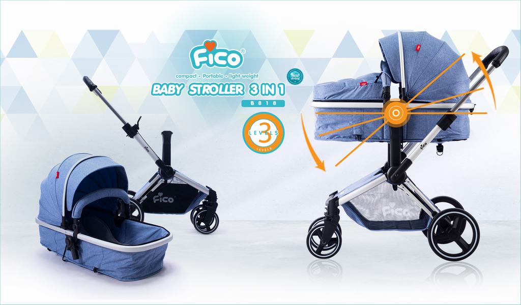 Fico รถเข็นเด็ก รุ่น Apollo (B818) สามารถรับน้ำหนักได้ 15 kg. สำหรับเด็กวัยแรกเกิด – 36 เดือน มาพร้อมคาร์ซีท รุ่น BC010(B818) ที่ติดตั้งได้อย่างง่ายดาย เบาะนั่งกว้างสามารถปรับให้สามารถ นั่ง เอน และนอนได้ ปลายเท้าของเปลนอนสามารถปรับให้เป็นที่วางขา เมื่อปรับเปลนอนให้อยู่ในตำแหน่งนั่ง เหมาะสำหรับการเดินทาง บาร์กันที่นั่งสามารถถอดออกได้ มีตะกร้าที่ใหญ่ไว้สำหรับใส่ของที่ด้านล่างของรถเข็น ล้อมีขนาดใหญ่ทีจะช่วยละแรงกระแทกมาพร้อมระบบกันสะเทือนที่ล้อด้านหน้า ปลอดภัยมากขึ้นกับระบบล็อกล้อที่สามารถล็อกได้ทั้งการเคลื่อนที่ และล็อกการเลี้ยว สายคาดนิรภัยแบบ 5 จุดตามมาตรฐานสากล