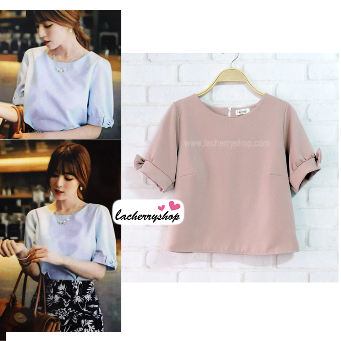 เสื้อแฟชั่น เสื้อทำงาน ผ้าฮานาโกะ สีนู้ด แต่งโบว์ที่แขน แบบสวยน่ารัก สไตล์เกาหลี สินค้าคุณภาพดี ราคาเบาๆ