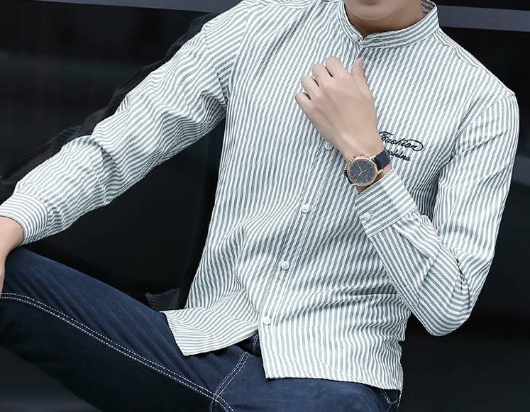 เสื้อเชิ้ตคอจีนแขนยาว แฟชั่นลายทาง Size No.34 36 38 40 42 สี เขียว ดำ ชมพู เหลือง