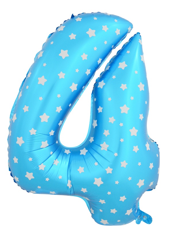 ลูกโป่งฟอยล์รูปตัวเลข 4 สีฟ้าพิมพ์ลายดาว ไซส์จัมโบ้ 40 นิ้ว - Number 4 Shape Foil Balloon Size 40" Blue Color printing Star