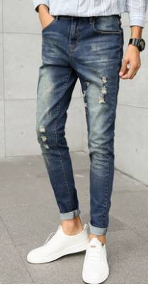 กางเกงยีนส์ 5 ส่วน แฟชั่น พับขา แต่งขาด เอว No.31-32 น้ำเงินเก่า