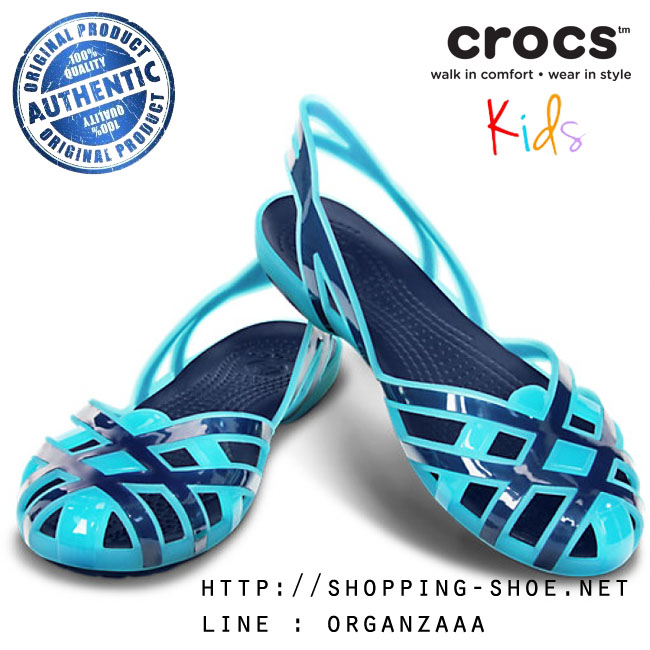 Crocs Kids Huarache Slingback Flat Girls J - Aqua / Navy ของแท้ Outlet ไทยและอเมริกา