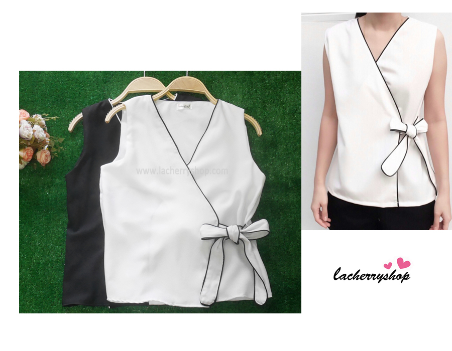 เสื้อผ้าแฟชั่นสวยๆ เสื้อทำงาน สีขาว แขนกุด แบบผ้าป้ายสุดฮิต กุ้นขอบสีสวยๆตัดกัน ผูกโบว์เอว สวยเรียบหรู