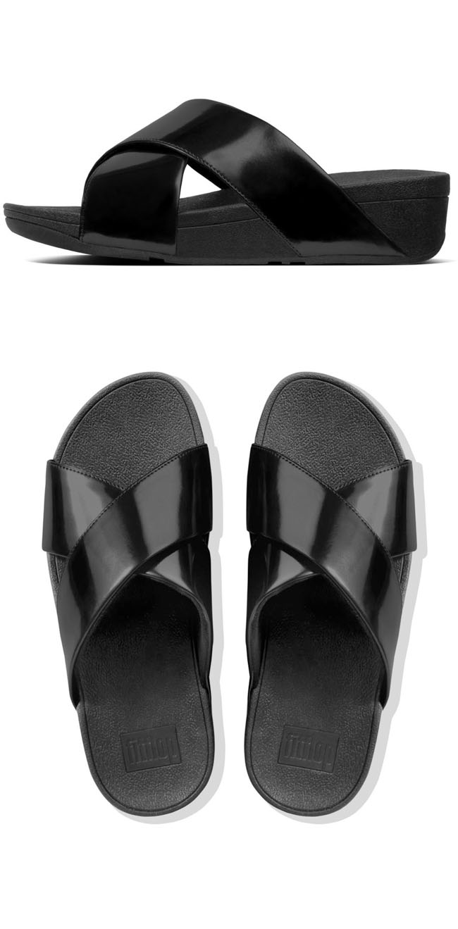 Fitflop Lulu Leather Cross Slide Black Mirror ของแท้ นำเข้าจาก USA และ UK