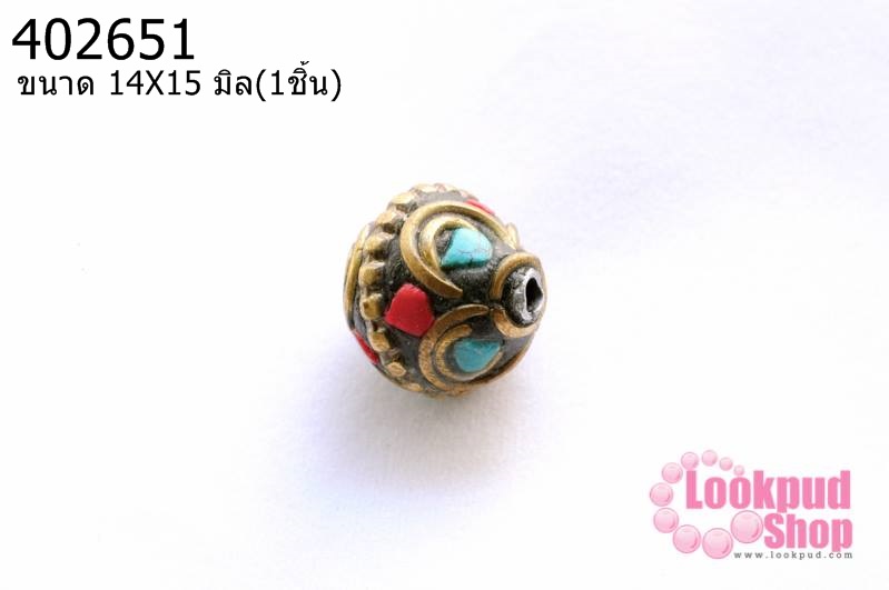 ลูกปัดโบราณ หินเทอร์ค้อย+หินปะการัง 14X15มิล(1ชิ้น)