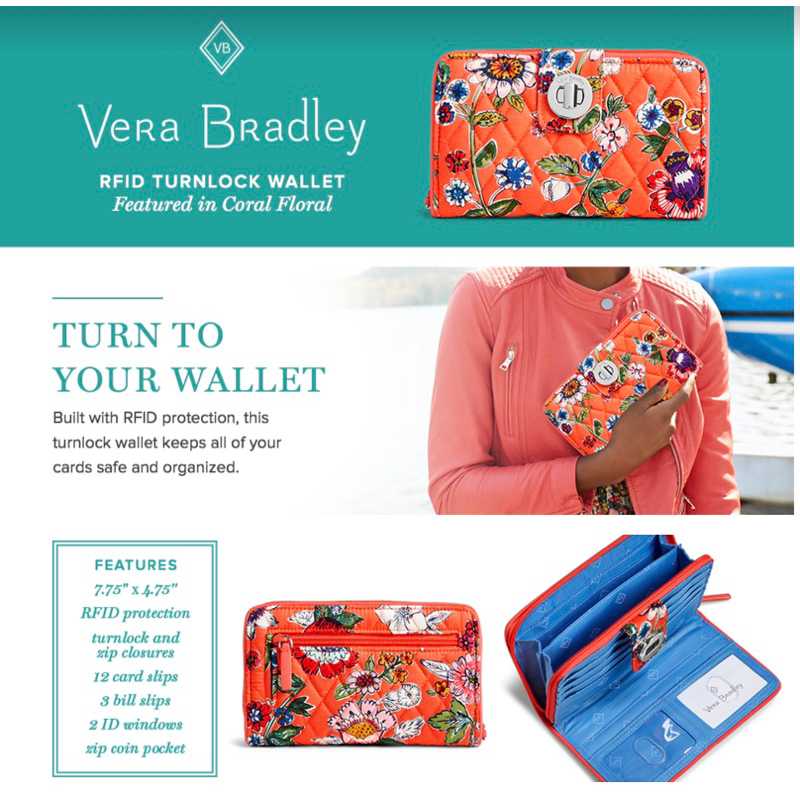 🇺🇸ของแท้จากอเมริก/า 💯 กระเป๋าเงิน Vera Bradley กระเป๋าผ้าไมโครไฟเบอร์น้ำหนักเบา ตอบโจทย์การใช้งานหลากหลาย