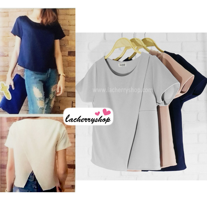 เสื้อแฟชั่นสวยๆ ผ้าฮานาโกะ (สีชมพู) ตัดแต่งผ้าไขว้ เปิดด้านหลังเก๋ๆ แบบยอดนิยม สวยเรียบหรู