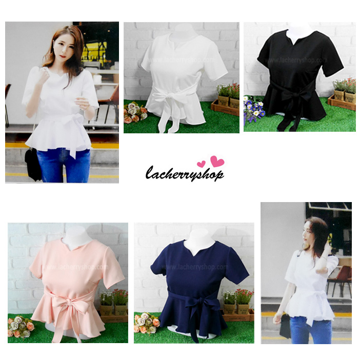 เสื้อผ้าแฟชั่นสวยๆ เสื้อทำงานสีดำผ้าฮานาโกะ แต่งระบายเอว มีสายมัดโบว์ สวยหวานสไตล์เกาหลี ใส่ได้หลายสไตล์ เว้าคอ มีซิปหลัง ใส่ได้ทุกโอกาส สำเนา