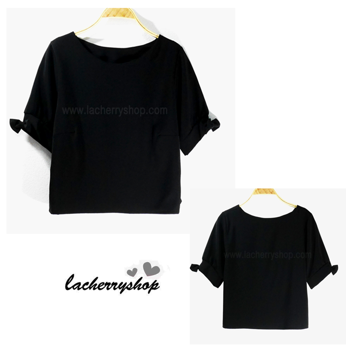 เสื้อแฟชั่น เสื้อทำงาน ผ้าฮานาโกะ สีดำ แต่งโบว์ที่แขน แบบสวยน่ารัก สไตล์เกาหลี สินค้าคุณภาพดี ราคาเบาๆ