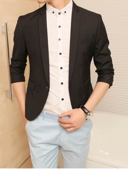 เสื้อสูทสลิมฟิต แขนสั้น ตัวเล็กแต่งแขนยืดหยุ่น Size 38-39 ดำ