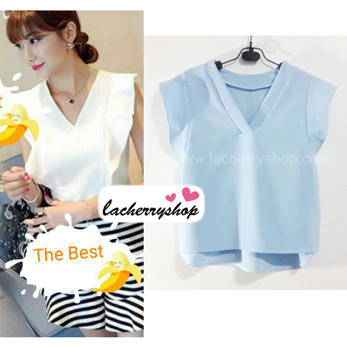 เสื้อแฟชั่นผ้าฮานาโกะ เสื้อทำงาน สีฟ้า คอวี แต่งระบายแขน สวยหวาน เรียบร้อย สินค้าคุณภาพ ราคาไม่แพง