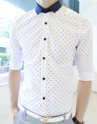 เสื้อเชิ้ตแขนสั้น ปกเล็ก แฟชั่นพับศอก แต่งพิ้นลาย สีขาวปกน้ำเงิน น้ำเงิน No.39