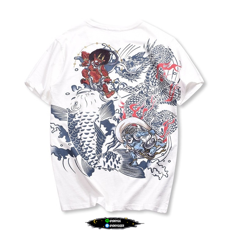 เสื้อยืด สกรีนลาย+ปักลายRaijin and Fujin สีขาว