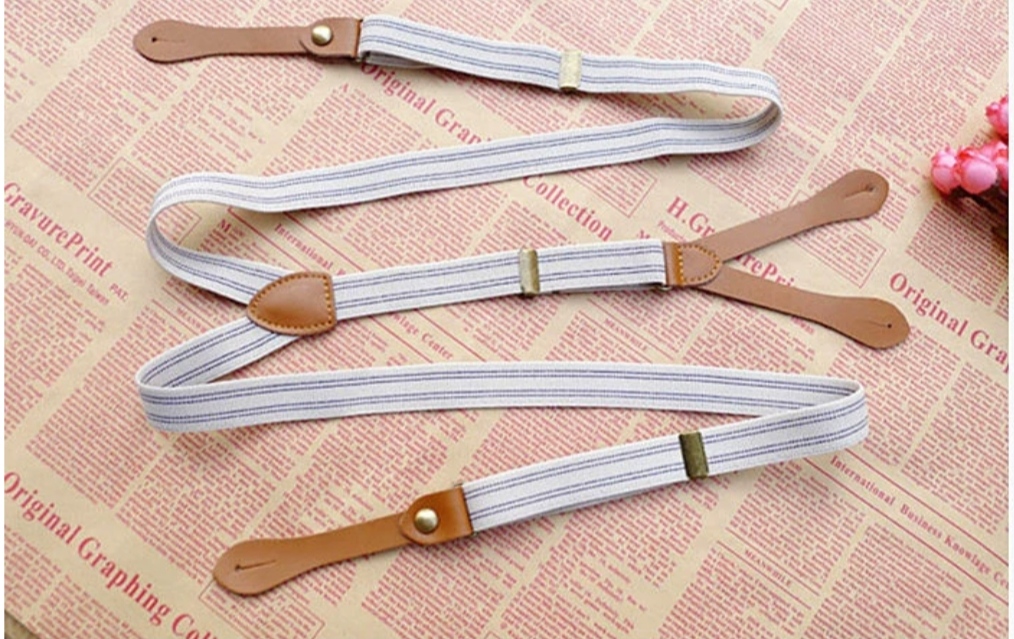 สายรัดกางเกงเอี๊ยมกระดุม แบบยืดหยุ่น วินเทจ กว้าง 2cm แบบ Y สีลายทางกากี