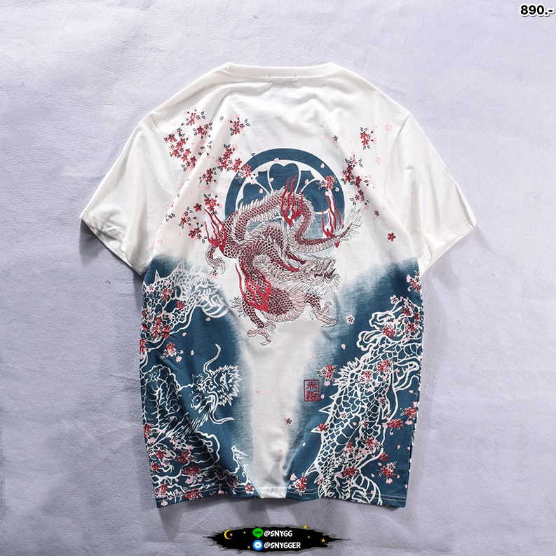 เสื้อยืด สกรีนลาย+ปักลายมังกร ขาว
